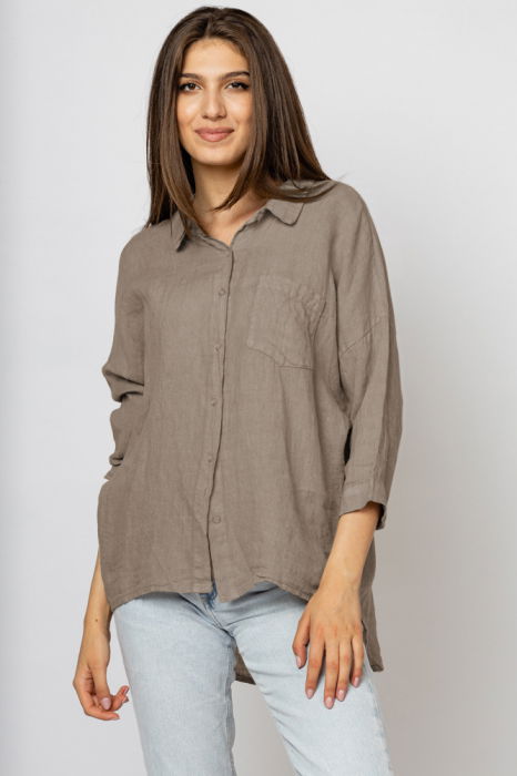 Camasa din in cu inel metalic pe spate Stella Milani, bej inchis [2]