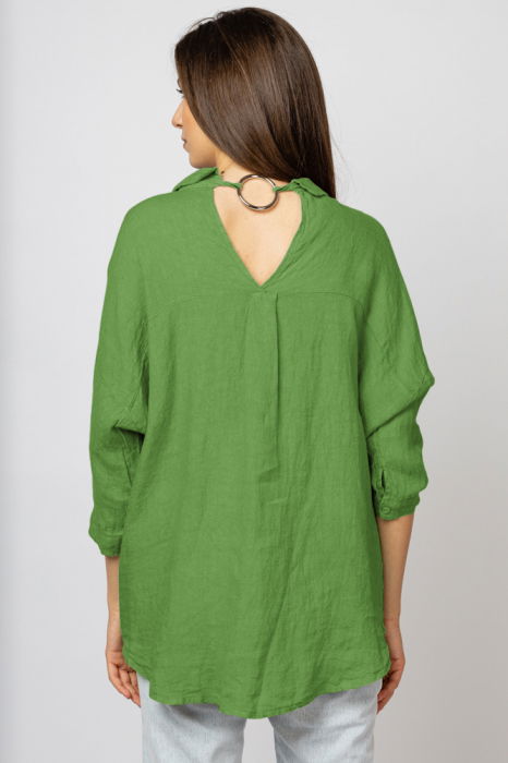 Camasa din in cu inel metalic pe spate Stella Milani, verde oliv [3]