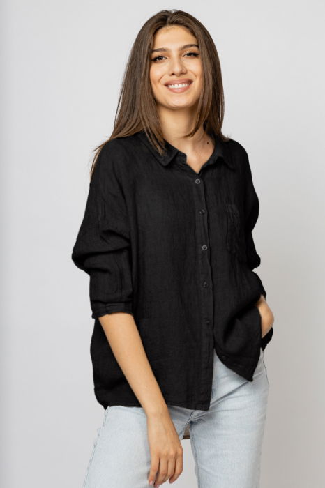 Camasa din in cu inel metalic pe spate Stella Milani, neagra