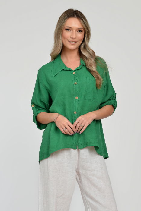 Camasa din in cu buzunar pe piept, verde [4]