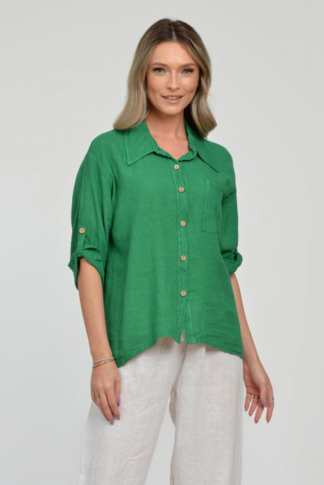 Camasa din in cu buzunar pe piept, verde [3]