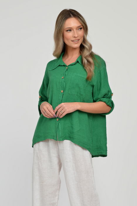 Camasa din in cu buzunar pe piept, verde [2]