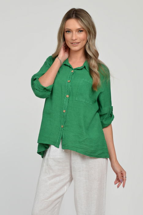 Camasa din in cu buzunar pe piept, verde [5]