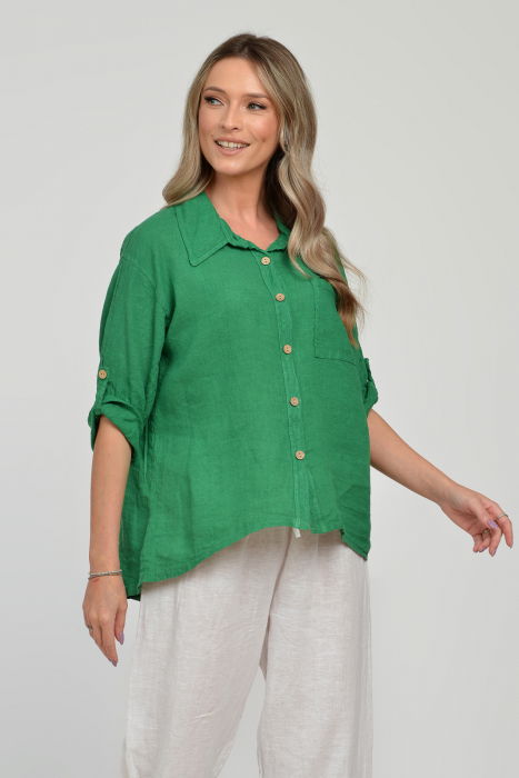 Camasa din in cu buzunar pe piept, verde [6]