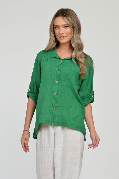 Camasa din in cu buzunar pe piept, verde [9]