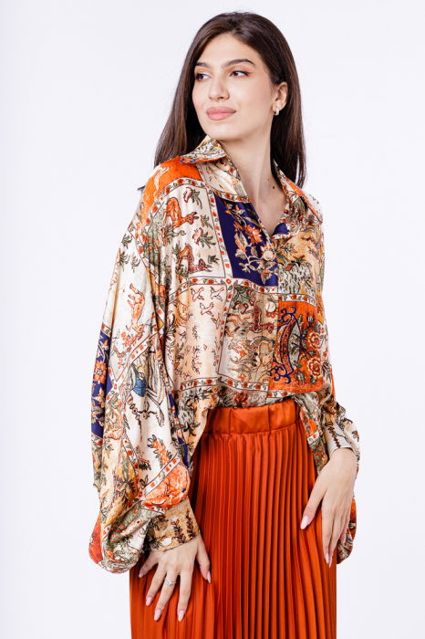 Camasa din satin oversize, cu maneci bufante si imprimeu cu portocaliu si bleumarin [2]