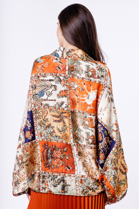 Camasa din satin oversize, cu maneci bufante si imprimeu cu portocaliu si bleumarin [3]