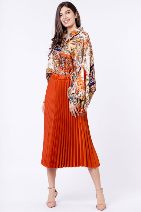 Camasa din satin oversize, cu maneci bufante si imprimeu cu portocaliu si bleumarin [5]