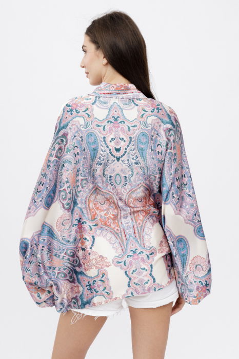 Camasa din satin oversize, cu maneci bufante si imprimeu arabesc cu nuante de roz si bej [4]
