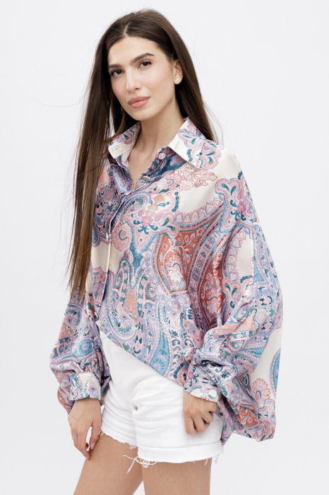 Camasa din satin oversize, cu maneci bufante si imprimeu arabesc cu nuante de roz si bej [3]