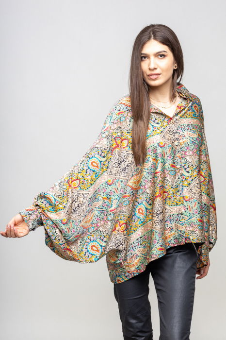 Camasa din satin oversize, cu maneci bufante si imprimeu oriental