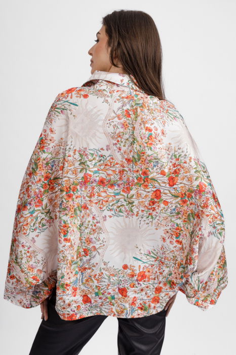 Camasa din satin oversize, cu maneci bufante si imprimeu flori rosii si portocalii pe fond bej [4]