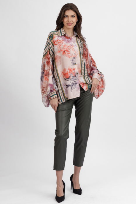 Camasa din satin oversize, cu maneci bufante si imprimeu flori portocalii si lila pe fond bej [2]