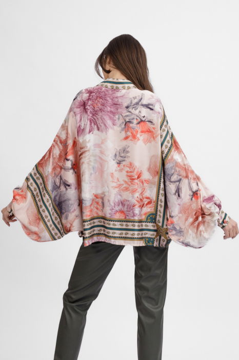 Camasa din satin oversize, cu maneci bufante si imprimeu flori portocalii si lila pe fond bej [5]
