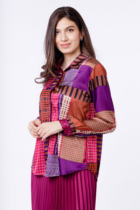Camasa din satin cu imprimeu geometric predominant mov [2]