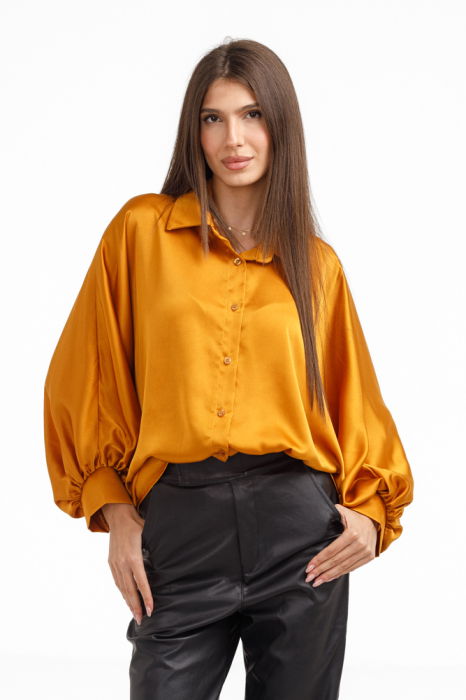 Camasa eleganta din satin, cu maneci bufante, galben mustar