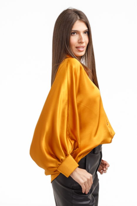 Camasa eleganta din satin, cu maneci bufante, galben mustar [3]