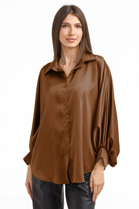 Camasa eleganta din satin, cu maneci bufante, maro aramiu [2]