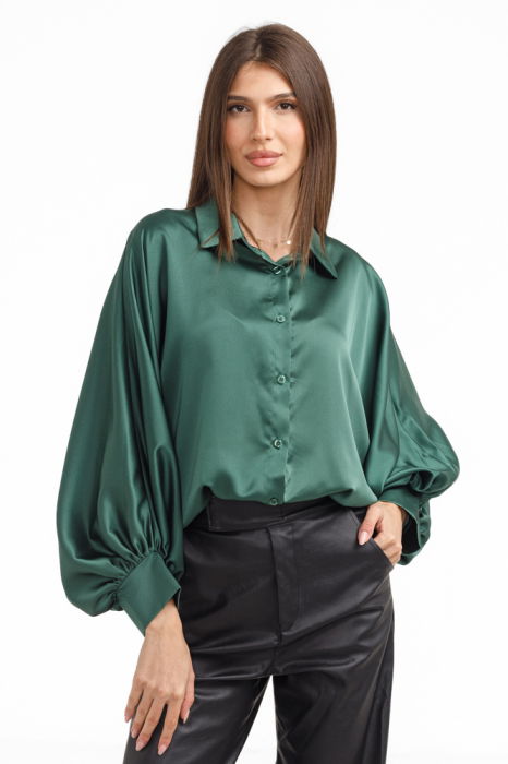 Camasa eleganta din satin, cu maneci bufante, verde forest [2]