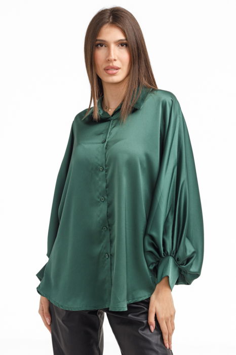 Camasa eleganta din satin, cu maneci bufante, verde forest [3]