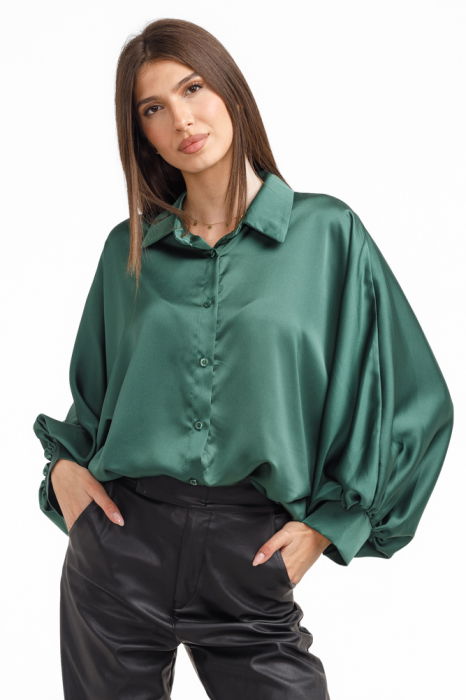 Camasa eleganta din satin, cu maneci bufante, verde forest