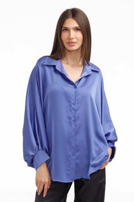 Camasa eleganta din satin, cu maneci bufante, albastra [3]