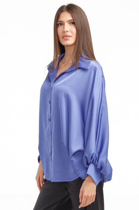 Camasa eleganta din satin, cu maneci bufante, albastra [4]