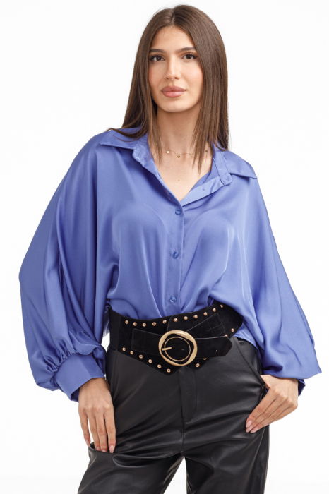 Camasa eleganta din satin, cu maneci bufante, albastra