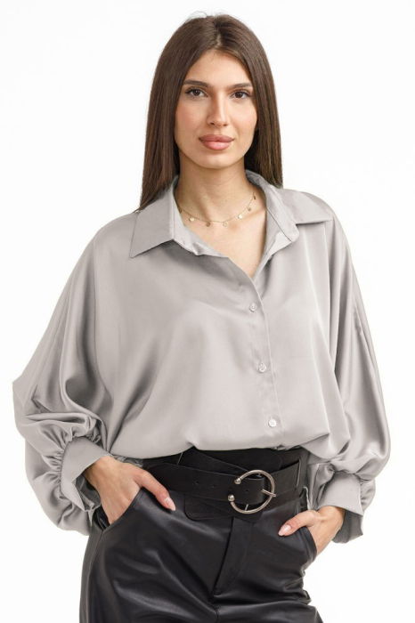 Camasa eleganta din satin, cu maneci bufante, gri deschis [1]