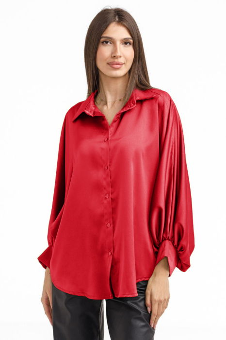 Camasa eleganta din satin, cu maneci bufante, rosie [2]
