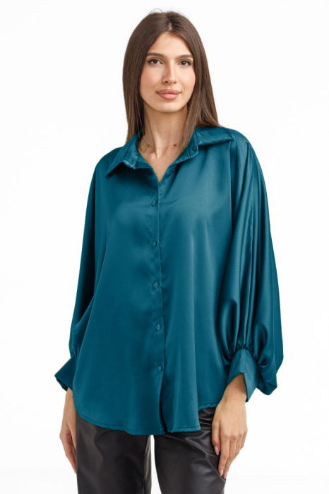 Camasa eleganta din satin, cu maneci bufante, turcoaz inchis [2]