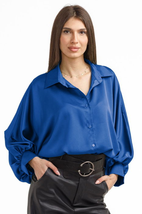 Camasa eleganta din satin, cu maneci bufante, albastra [1]