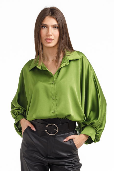 Camasa eleganta din satin, cu maneci bufante, verde olive [2]