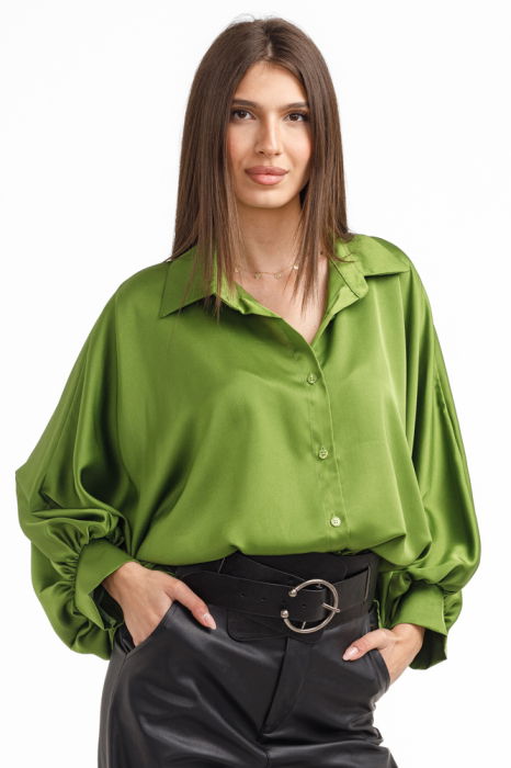 Camasa eleganta din satin, cu maneci bufante, verde olive