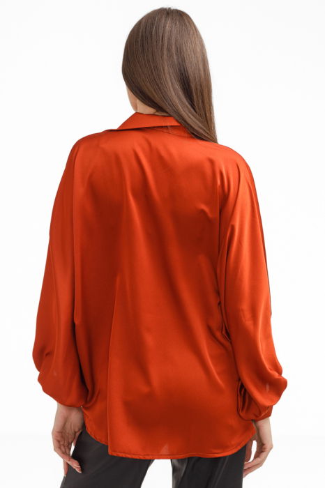 Camasa eleganta din satin, cu maneci bufante, caramizie [3]