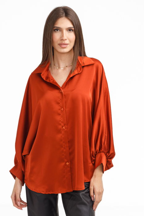 Camasa eleganta din satin, cu maneci bufante, caramizie
