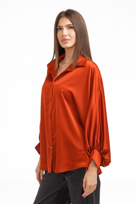Camasa eleganta din satin, cu maneci bufante, caramizie [2]