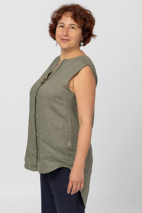 Bluza fara maneci din in cu nasture metalic decorativ, kaki [4]