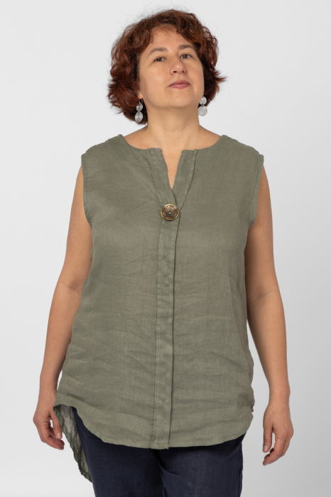 Bluza fara maneci din in cu nasture metalic decorativ, kaki [3]