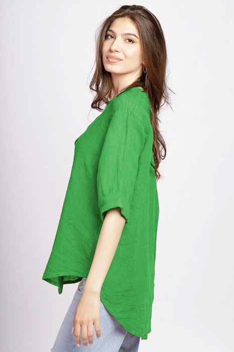 Camasa verde prazuliu din in cu nasture metalic decorativ [2]