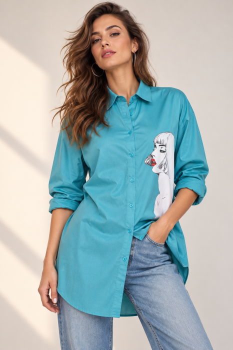 Camasa lunga turcoaz din bumbac, cu imprimeu girlish — Colecție Damă, Bluze