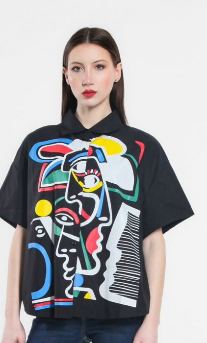 Camasa neagra din poplin satinat de bumbac, cu imprimeu color chipuri [1]