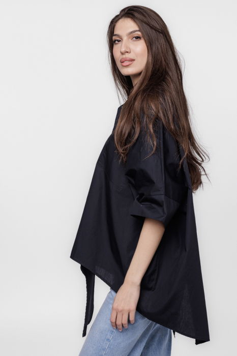 Camasa neagra asimetrica, din poplin satinat de bumbac, cu colturi [2]