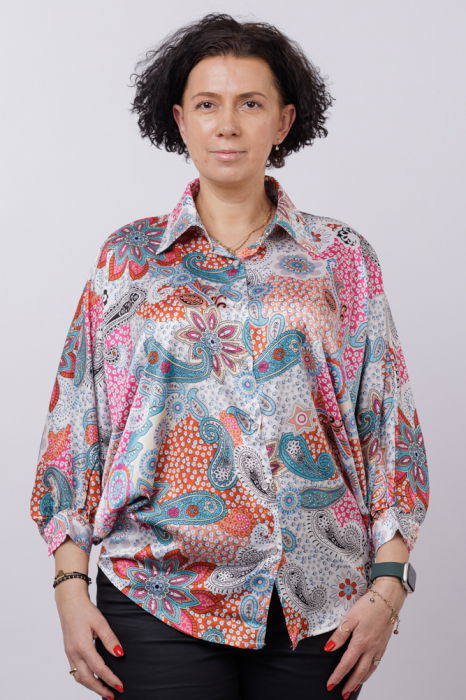 Camasa oversize, cu maneci bufante si imprimeu arabesc cu nuante de bleu si fucsia [4]