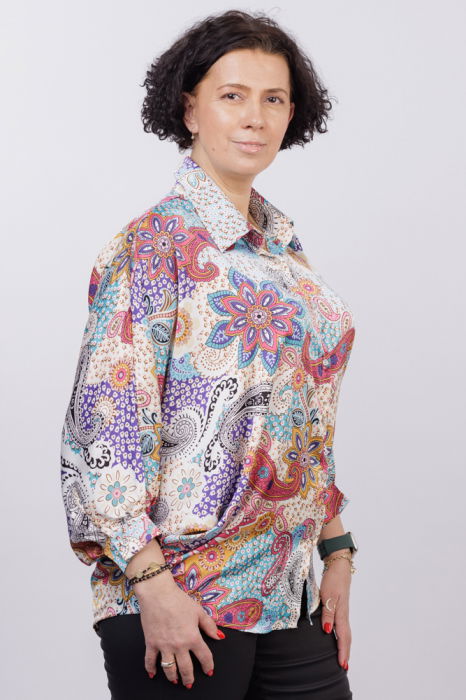 Camasa oversize, cu maneci fluture si imprimeu arabesc cu nuante de bleu si caramiziu [4]