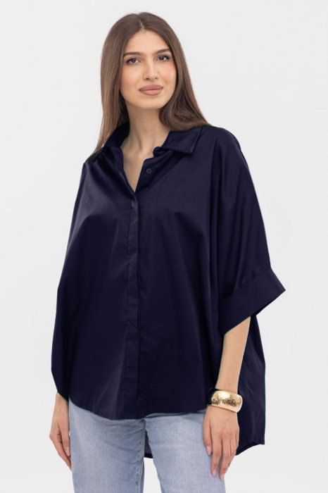 Camasa oversize bleumarin din poplin satinat de bumbac, cu maneca lunga — Colecție Damă, Cămăși