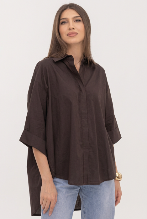 Camasa oversize maro din poplin satinat de bumbac, cu maneca lunga — Colecție Damă, Cămăși