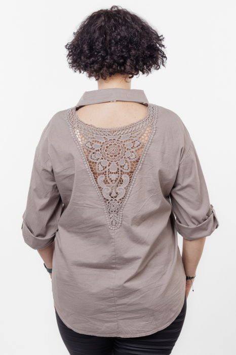 Camasa din poplin de bumbac cu dantela pe spate, bej inchis [2]