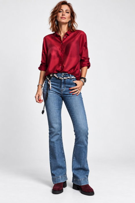 Camasa satinata oversized cu maneci reglabile, bordo