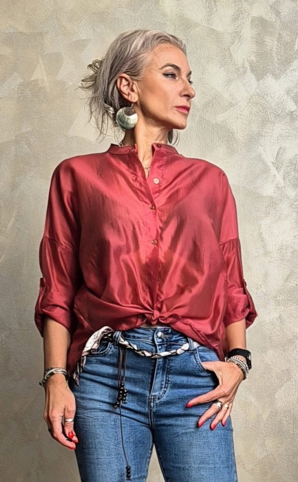 Camasa satinata oversized cu maneci reglabile, roz inchis